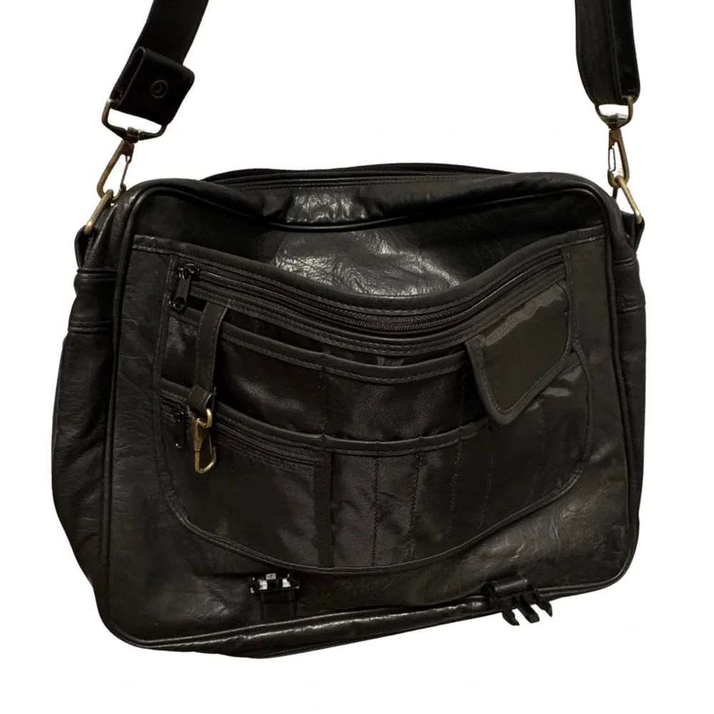 Vintage Black Leather Messenger Laptop Bag Multi Pocket Work Bag Toppers